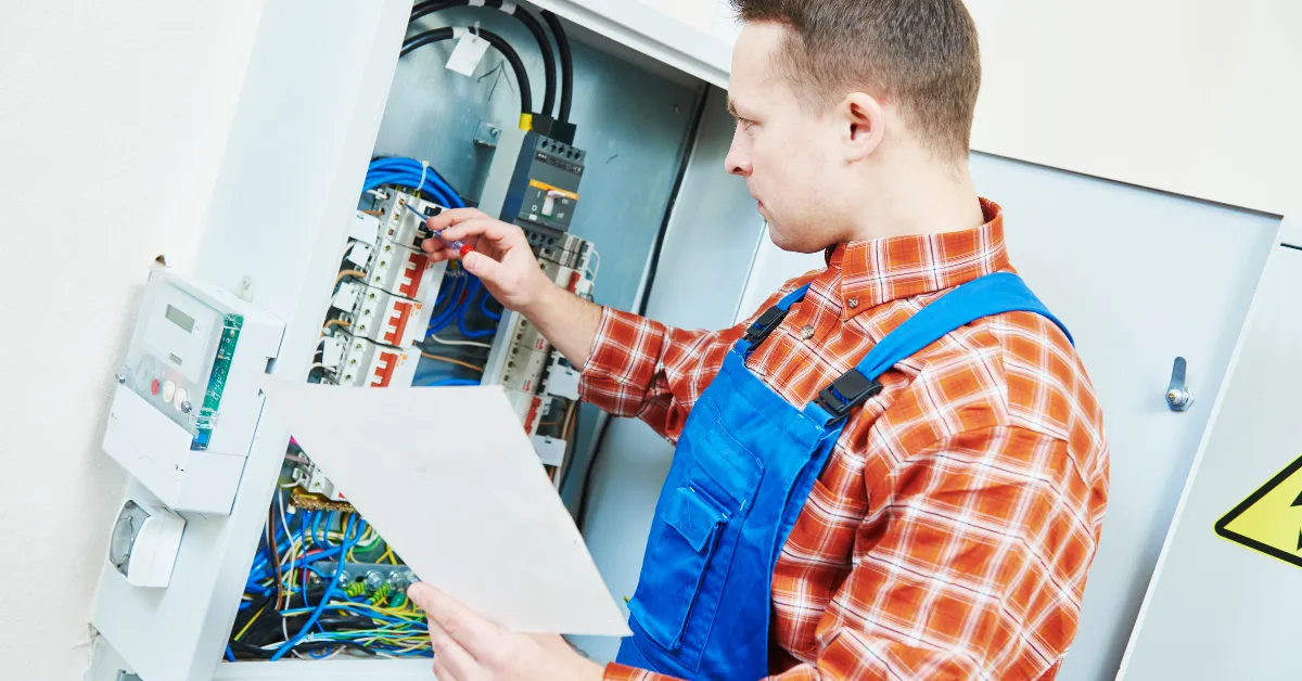 An electrician is inspecting wiring inside a control panel while referencing a service sheet to ensure proper system setup