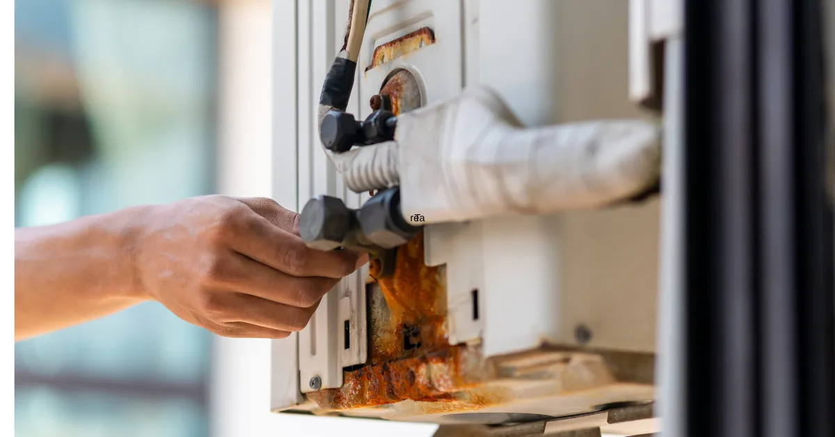 Technician adjusting corroded outdoor AC unit connections, checking for leaks and ensuring safe operation