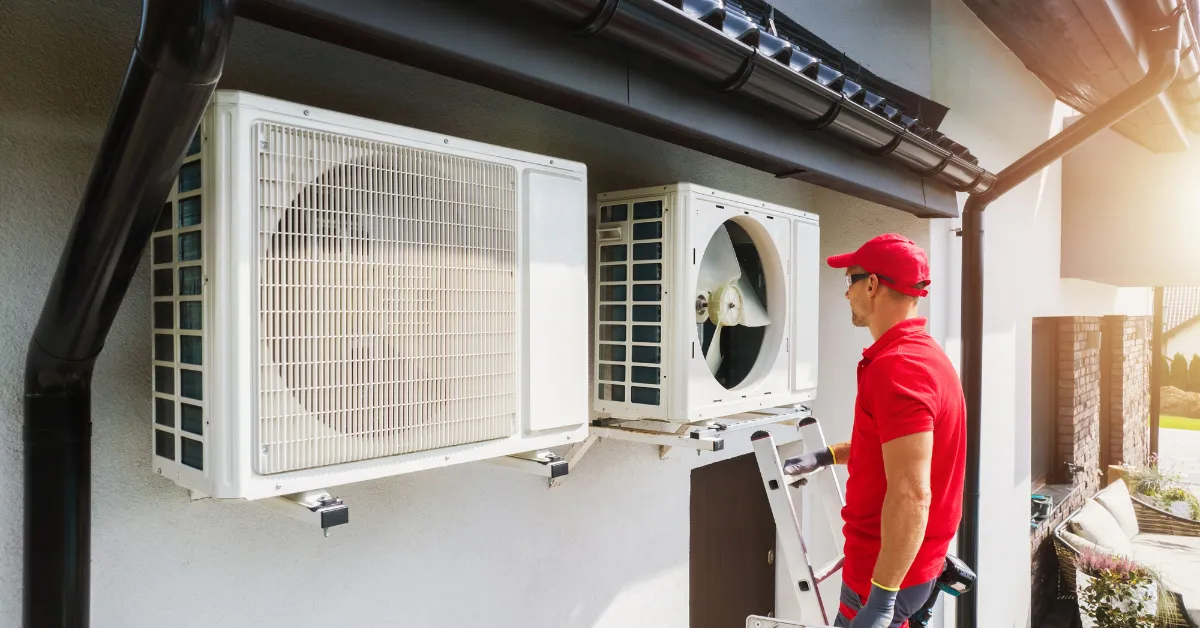 A technician inspects outdoor air conditioning units mounted on a wall to ensure proper function and airflow