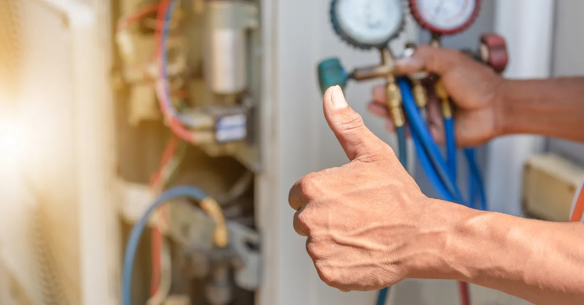 Successful HVAC system test with gauges connected and thumbs-up approval