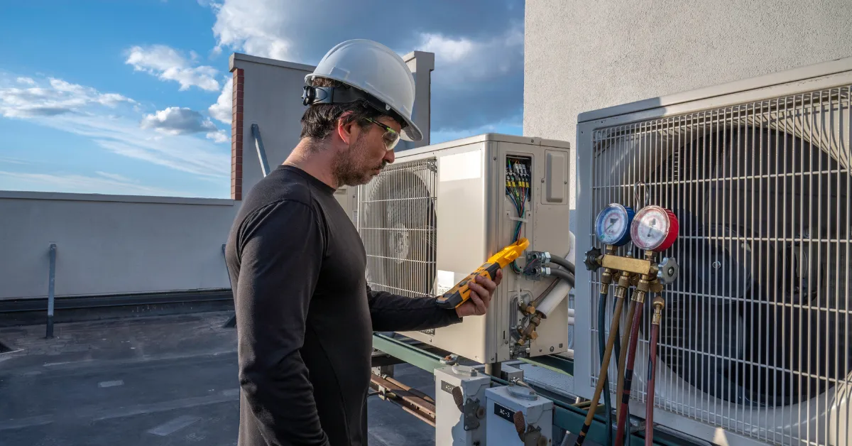Outdoor HVAC unit inspection on the rooftop, with gauges attached and a person using a handheld testing device
