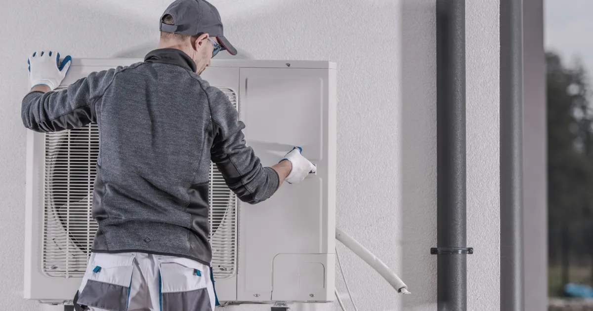 Rapid Response crew member accessing the service panel of an outdoor AC condenser unit mounted on a wall